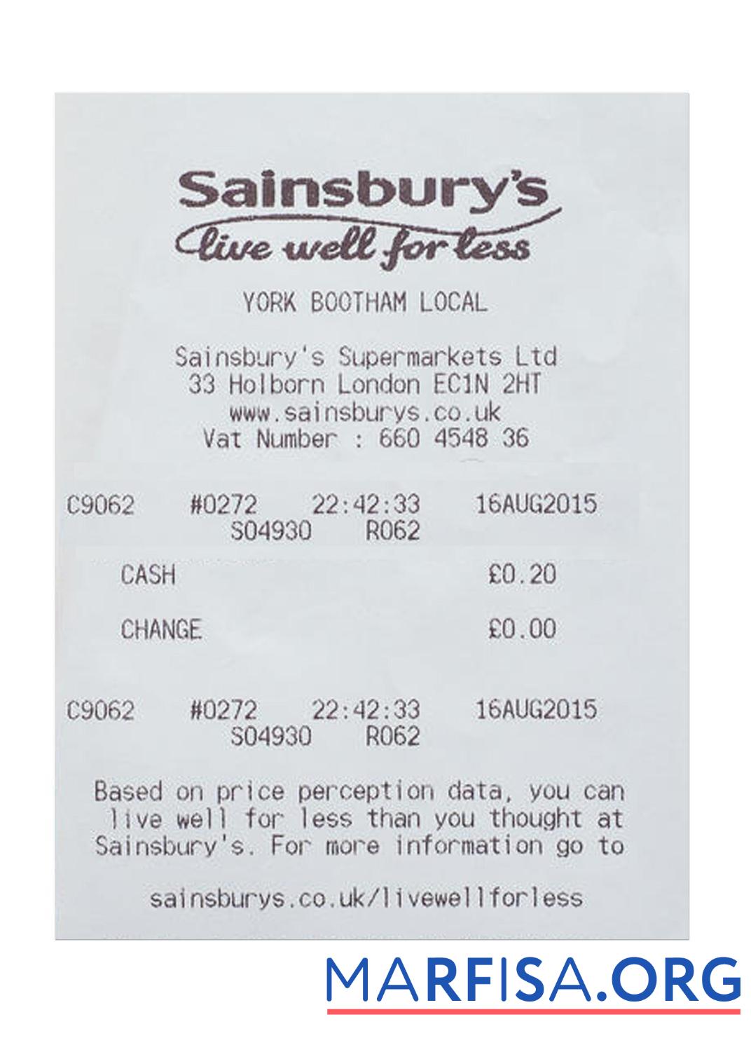 Printable SAINSBURY'S payment receipt download for verification
